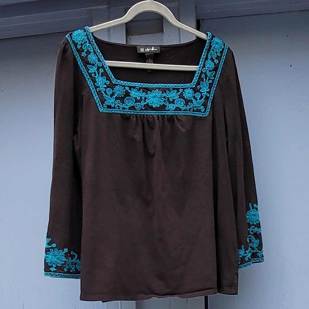 INC International Concepts Blue Embroidered Black Square Neck Top Size 1X